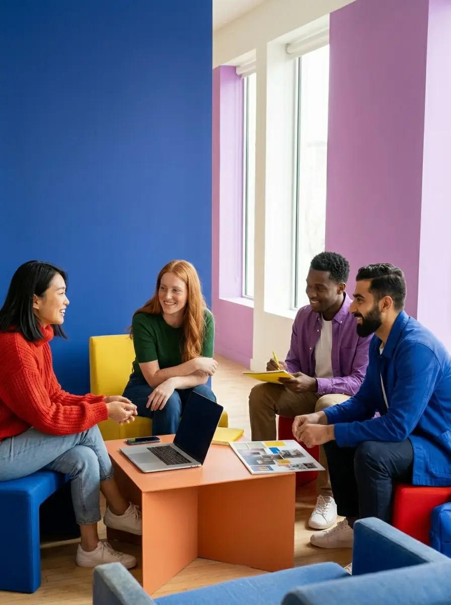 Coaching Gruppe im offenen Gespräch in einem hellen Raum